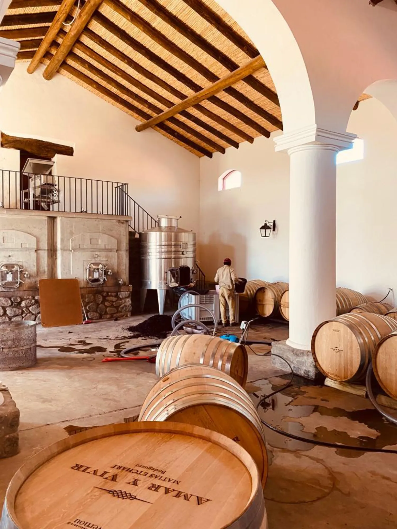 Winemaker working among oak barrels and steel tanks inside the bodega